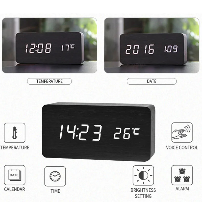 Wooden LED Alarm Clock with Temperature Display