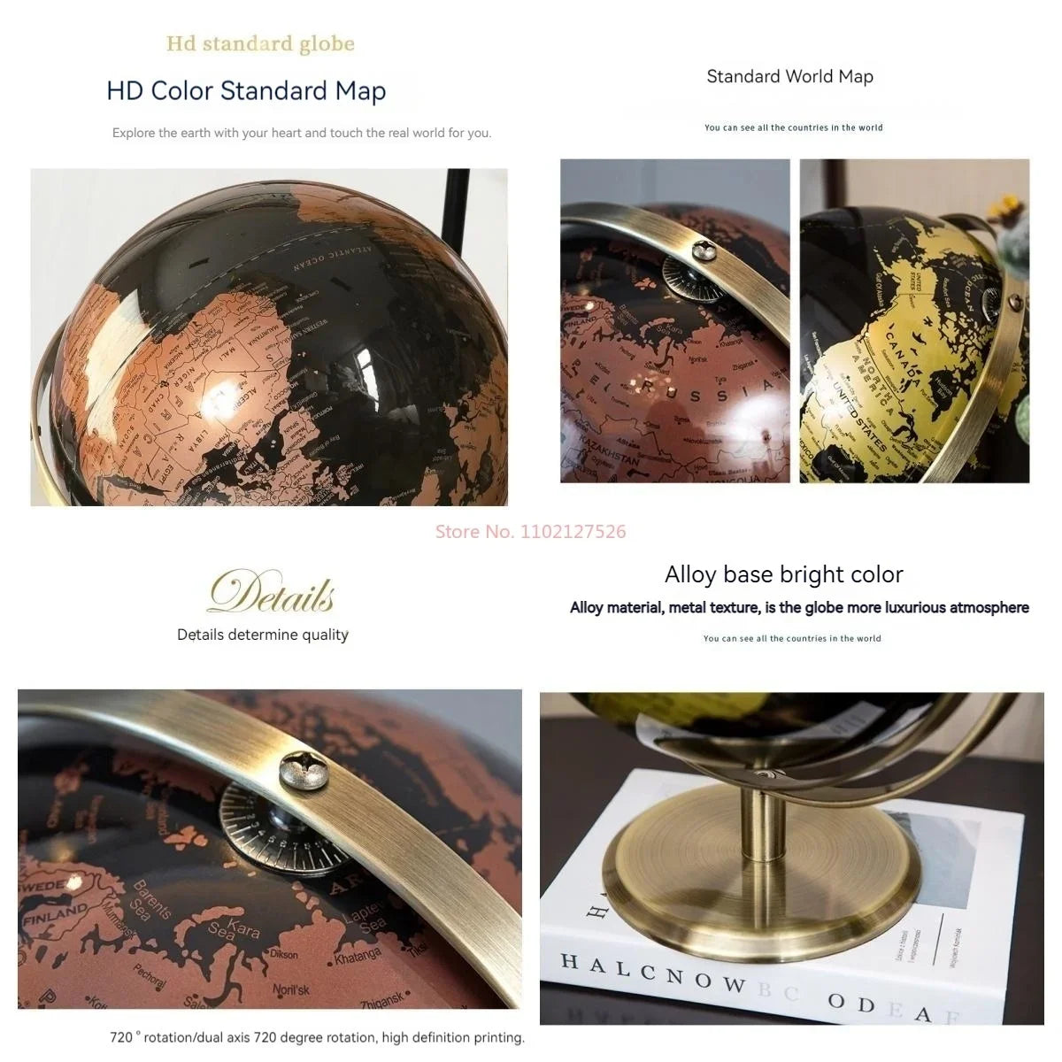 Premium European-Style Rotating Globe, Black & Gold(20/23 cm)