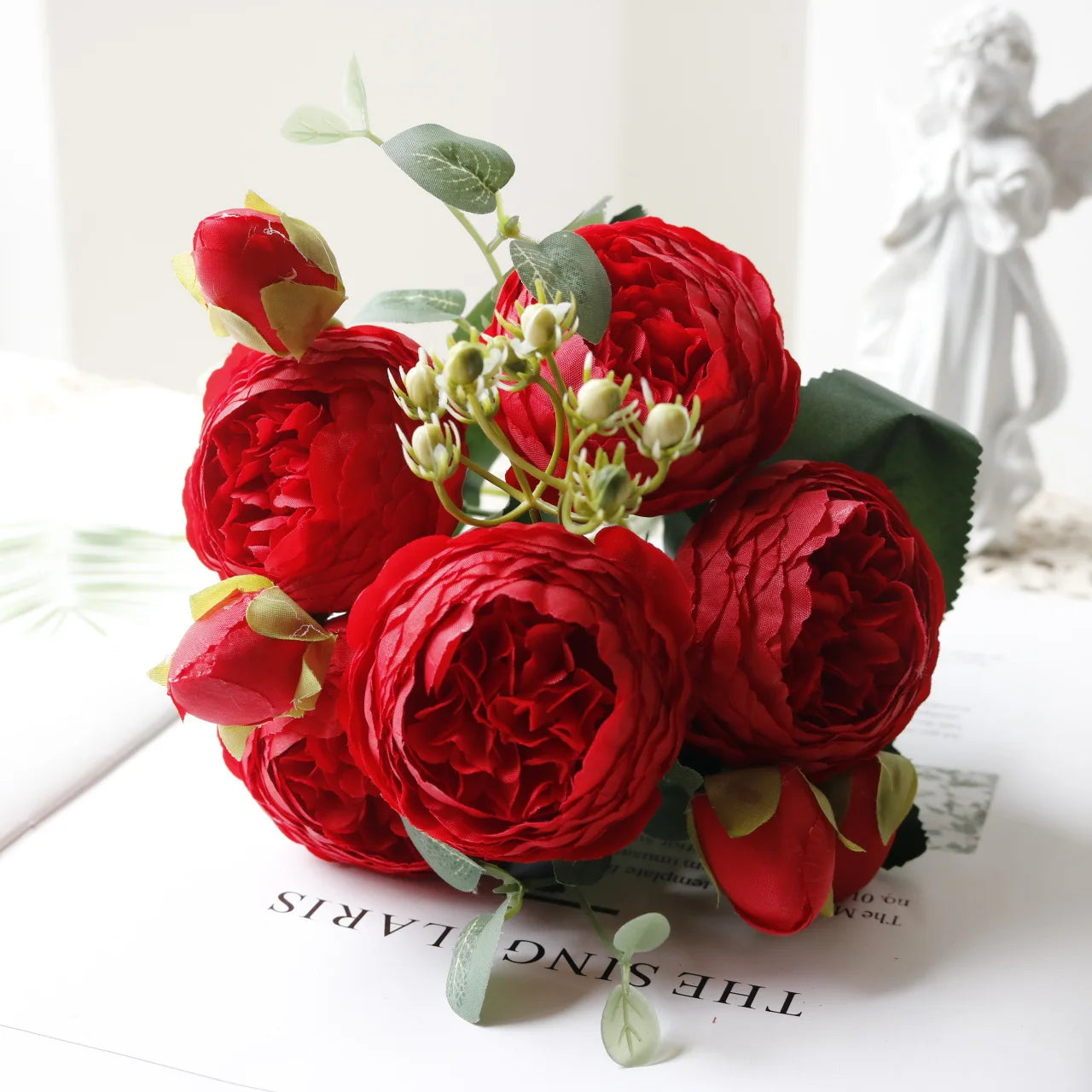 Silk Rose Pink Peony Bouquet, 30cm, 5 Big Heads & 4 Buds