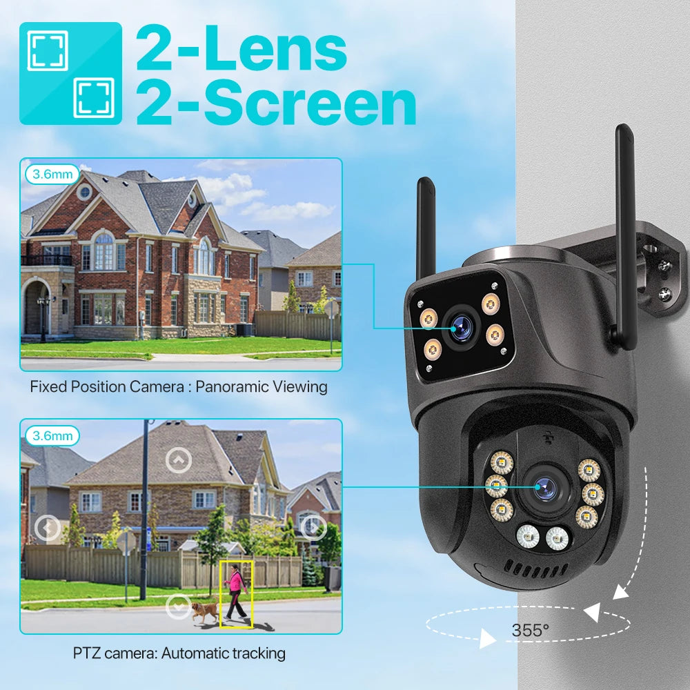 4K 8MP HD Wifi PTZ Camera Outdoor (4MP Dual Lens Dual Screen AI Auto Tracking IP Camera CCTV Audio Video Surveillance)