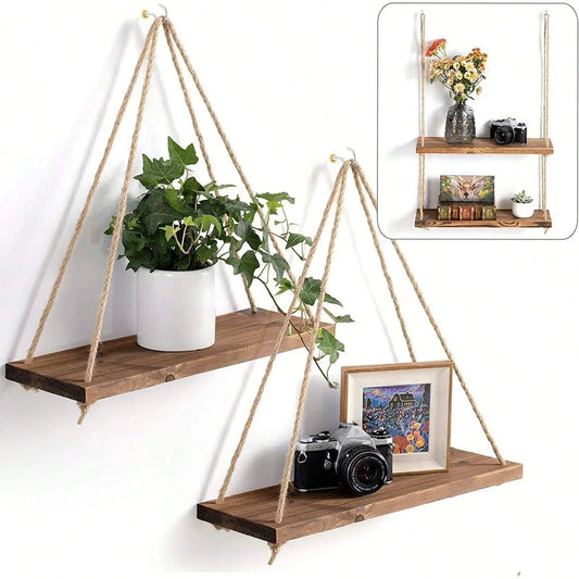 Wooden Swing Wall Shelf with Hemp Rope
