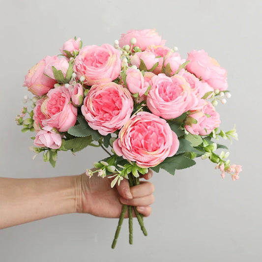 Silk Rose Pink Peony Bouquet, 30cm, 5 Big Heads & 4 Buds