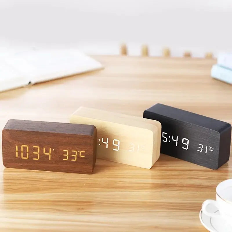 Wooden LED Alarm Clock with Temperature Display