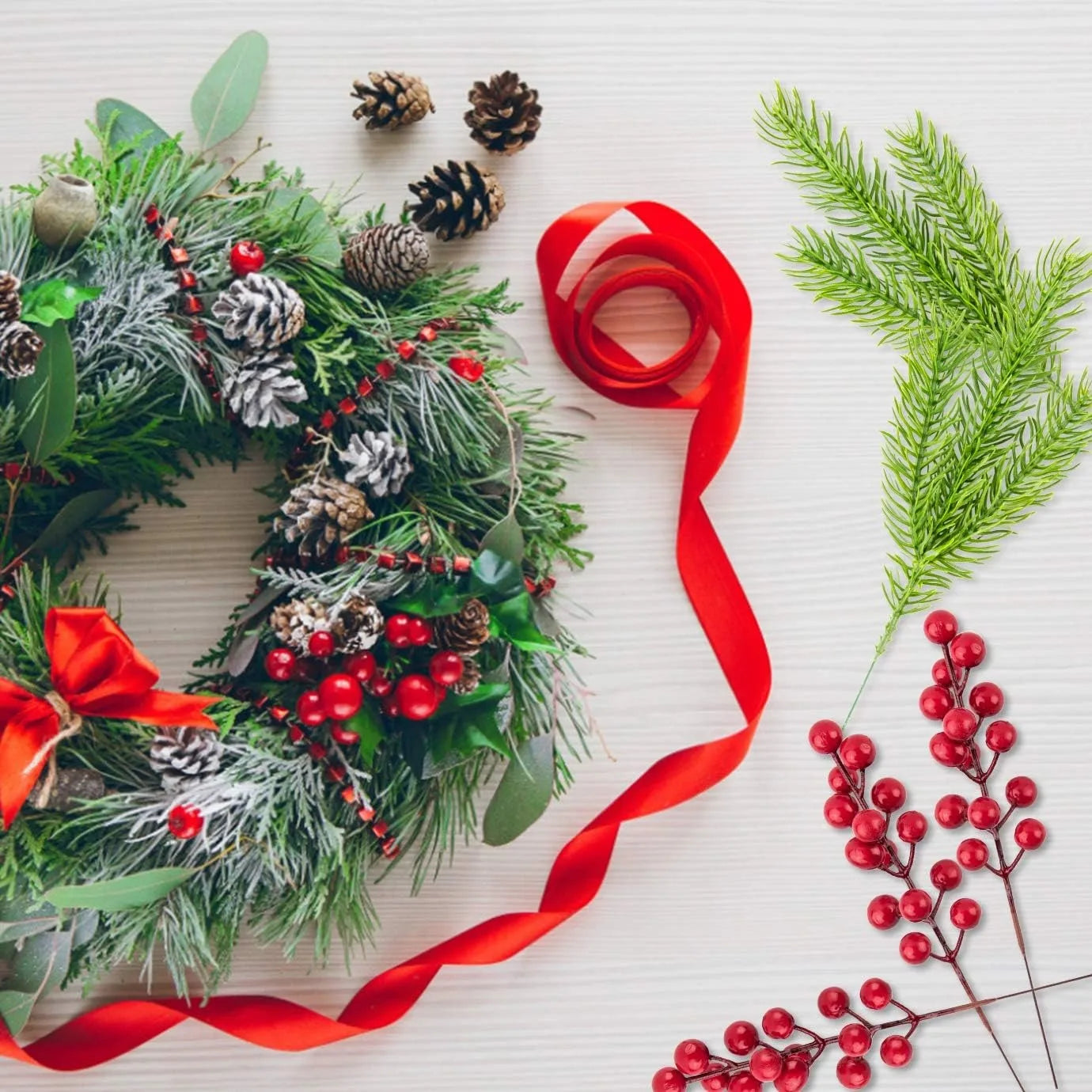 Christmas Pine Branches with Red Berries (10 Pcs)