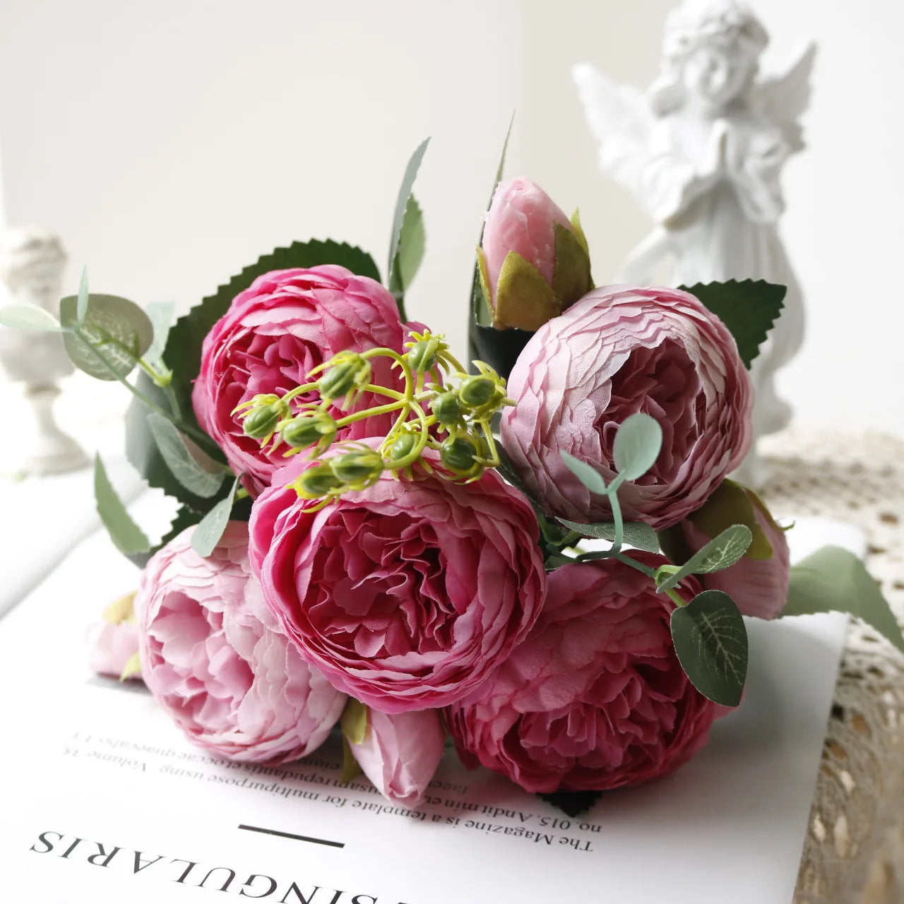 Silk Rose Pink Peony Bouquet, 30cm, 5 Big Heads & 4 Buds