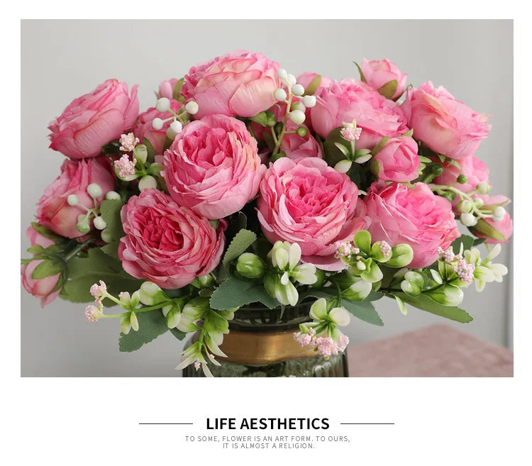 Silk Rose Pink Peony Bouquet, 30cm, 5 Big Heads & 4 Buds
