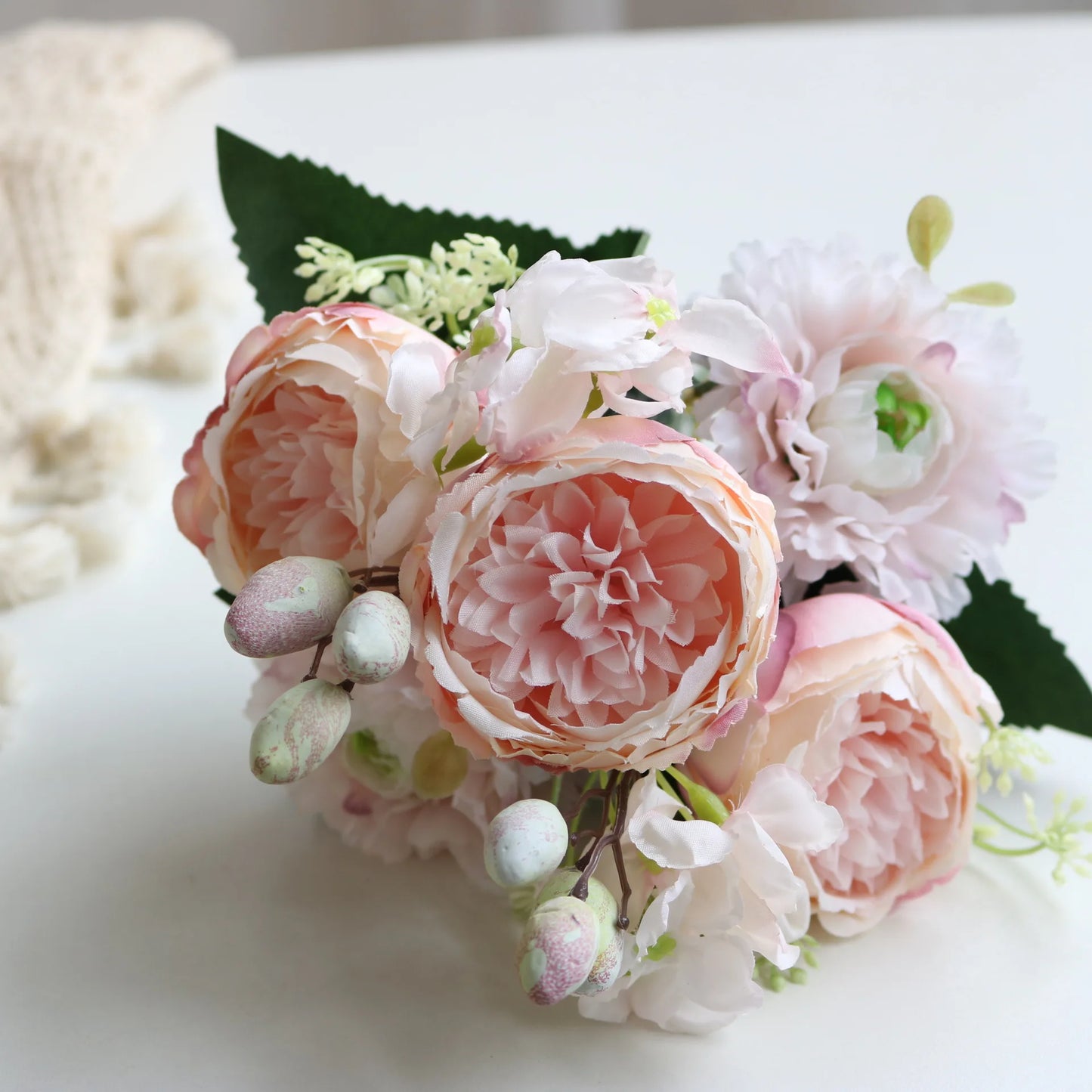 Silk Rose Pink Peony Bouquet, 30cm, 5 Big Heads & 4 Buds