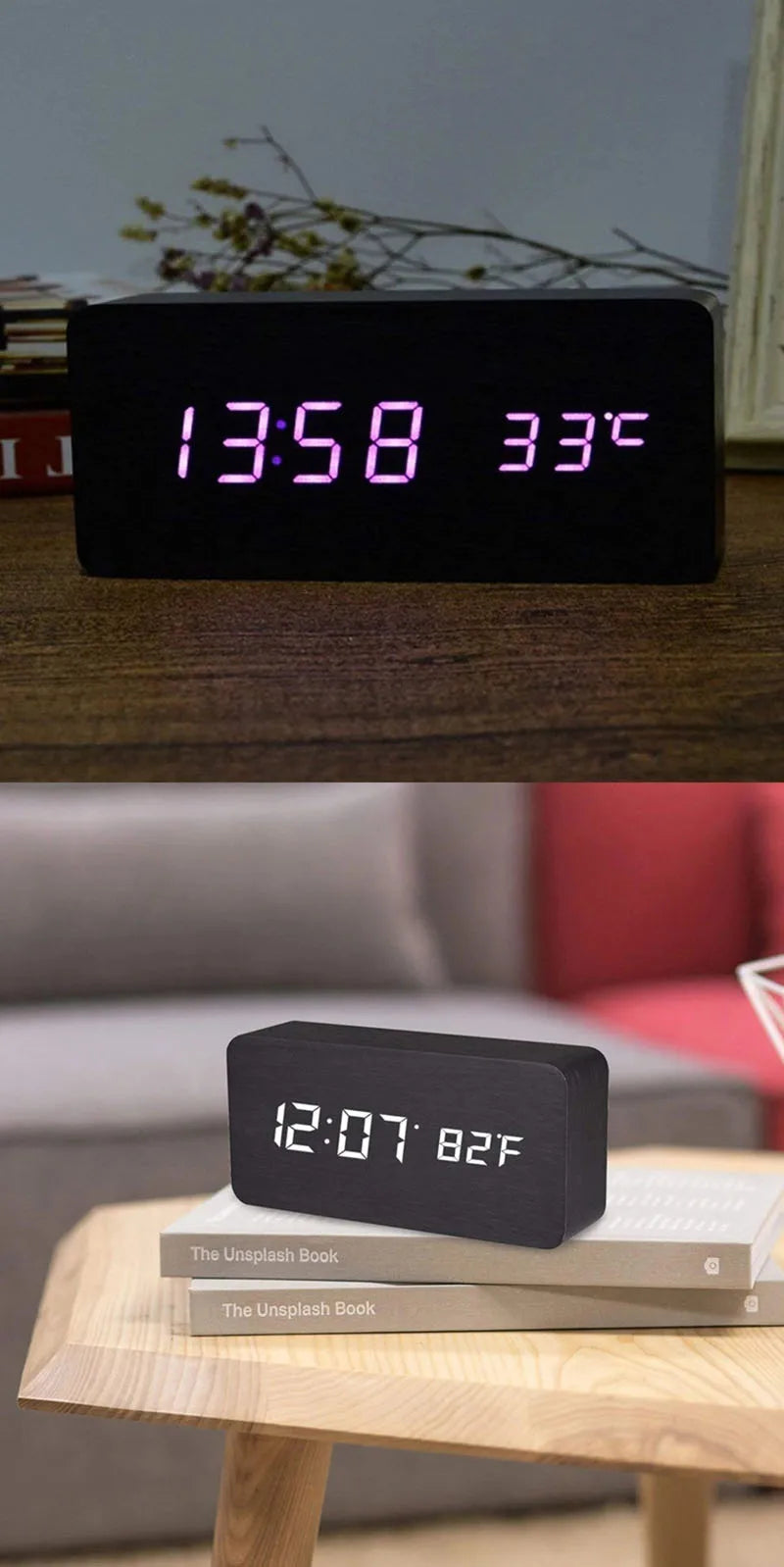 Wooden LED Alarm Clock with Temperature Display