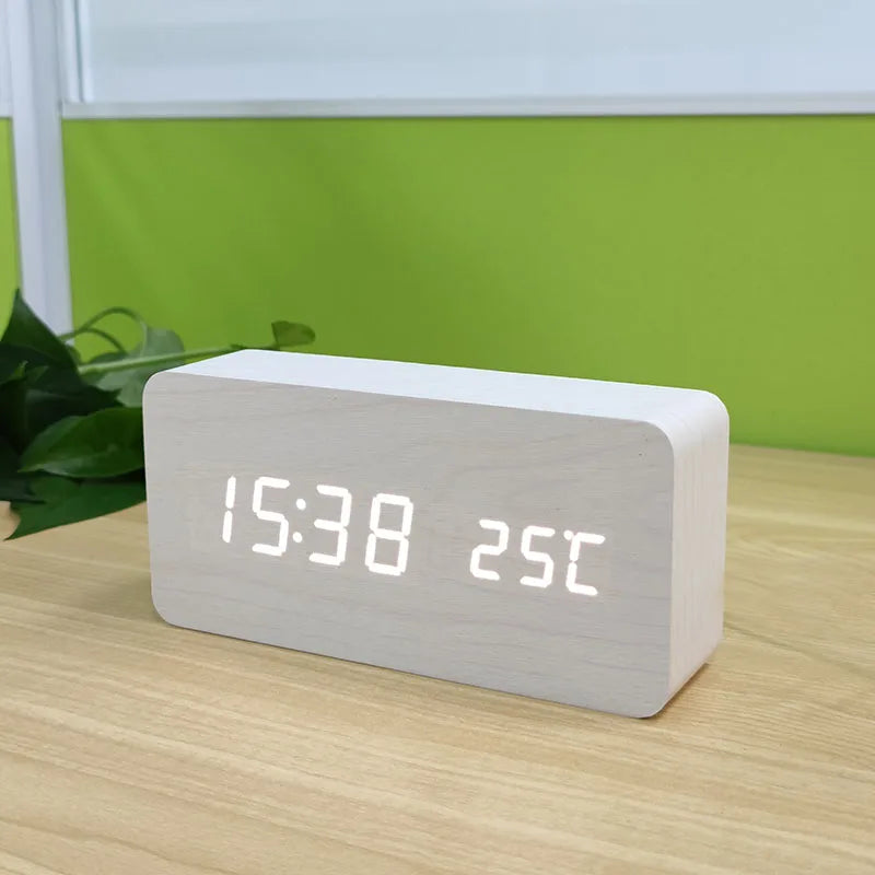 Wooden LED Alarm Clock with Temperature Display