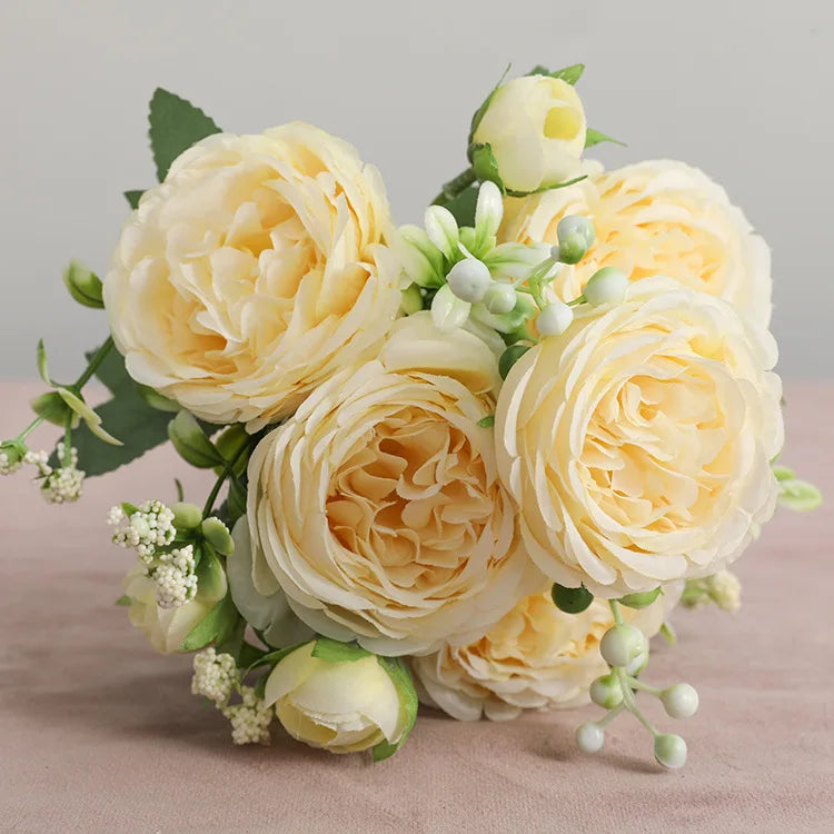 Silk Rose Pink Peony Bouquet, 30cm, 5 Big Heads & 4 Buds