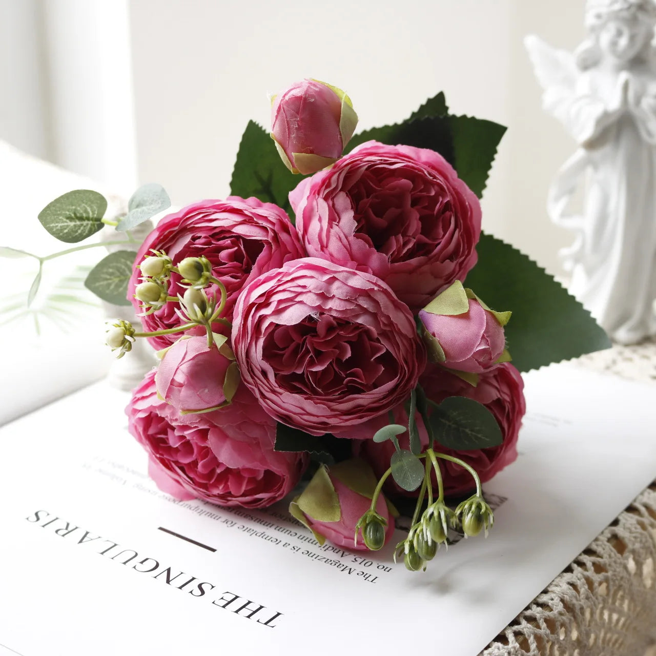 Silk Rose Pink Peony Bouquet, 30cm, 5 Big Heads & 4 Buds
