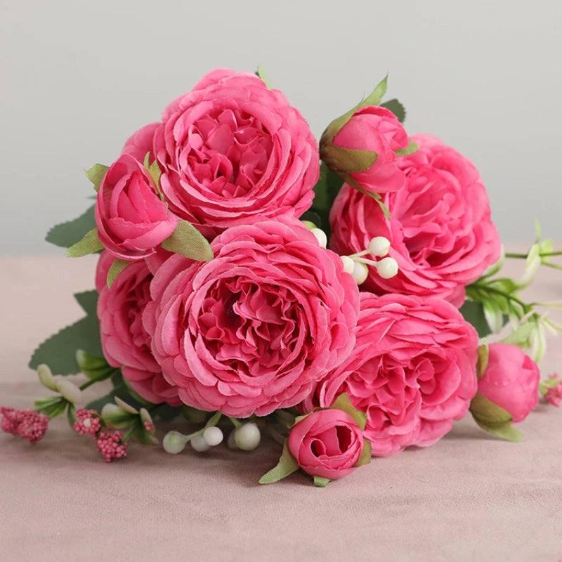 Silk Rose Pink Peony Bouquet, 30cm, 5 Big Heads & 4 Buds