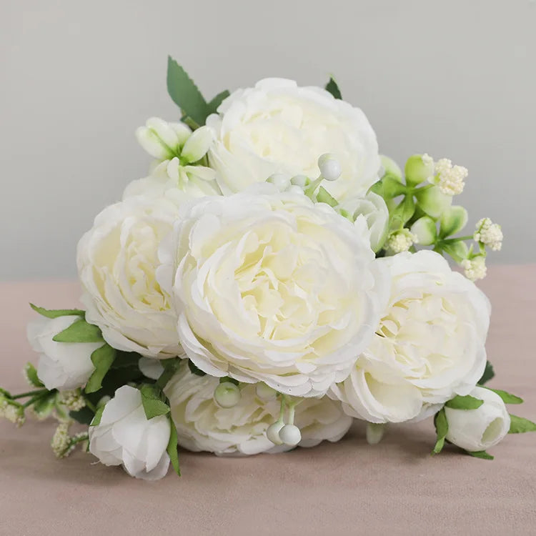 Silk Rose Pink Peony Bouquet, 30cm, 5 Big Heads & 4 Buds