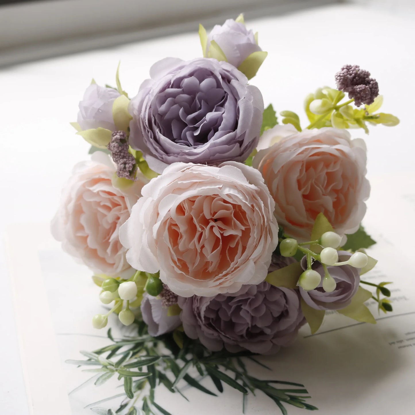 Silk Rose Pink Peony Bouquet, 30cm, 5 Big Heads & 4 Buds