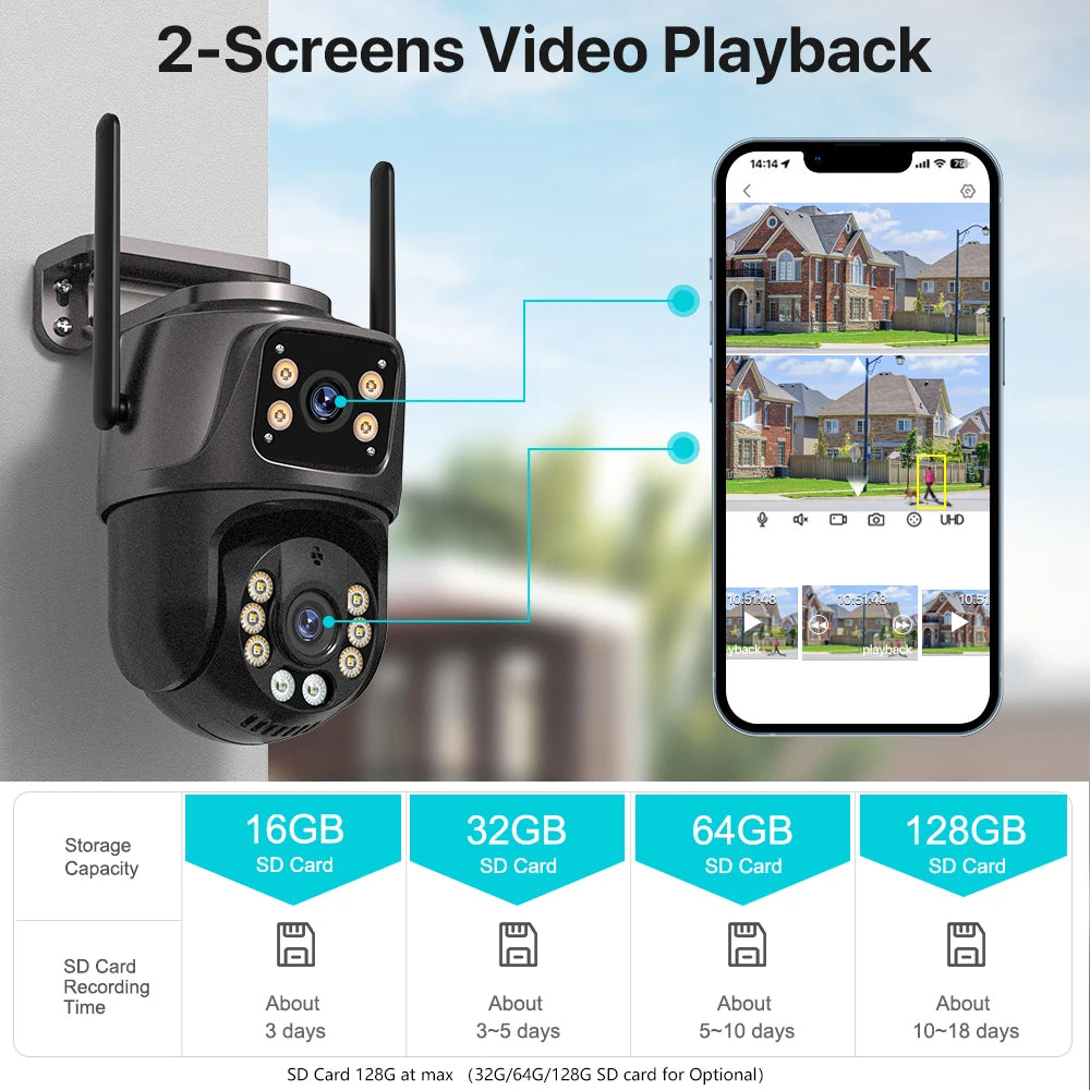 4K 8MP HD Wifi PTZ Camera Outdoor (4MP Dual Lens Dual Screen AI Auto Tracking IP Camera CCTV Audio Video Surveillance)