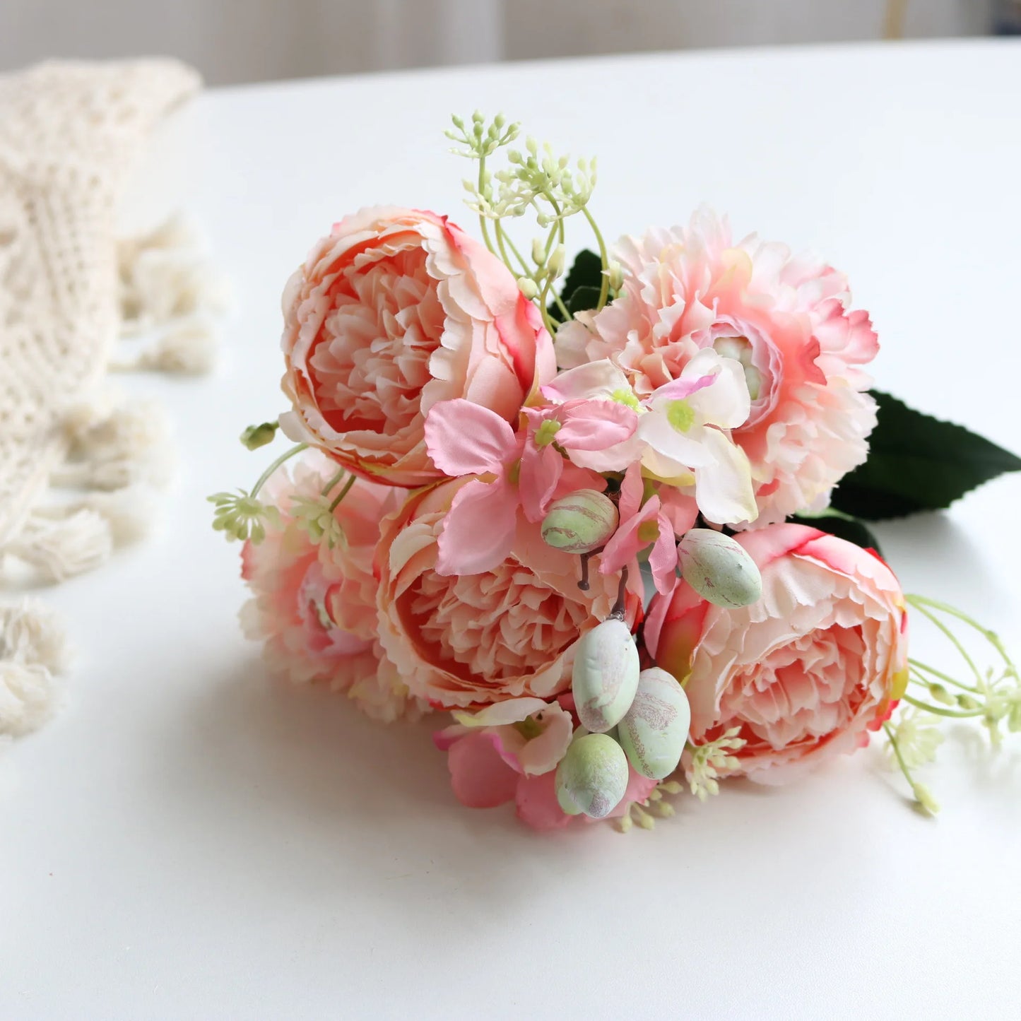 Silk Rose Pink Peony Bouquet, 30cm, 5 Big Heads & 4 Buds