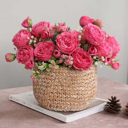 Silk Rose Pink Peony Bouquet, 30cm, 5 Big Heads & 4 Buds