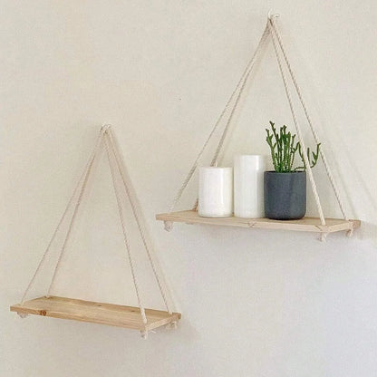 Wooden Swing Wall Shelf with Hemp Rope