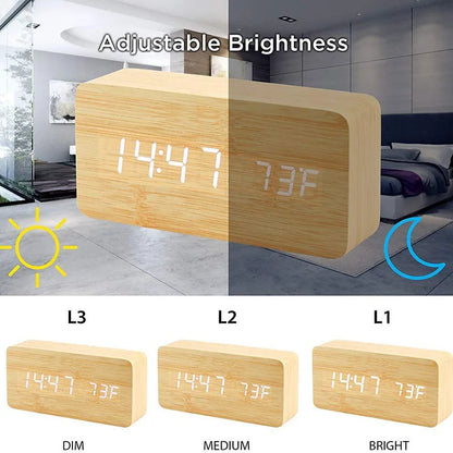 Wooden LED Alarm Clock with Temperature Display