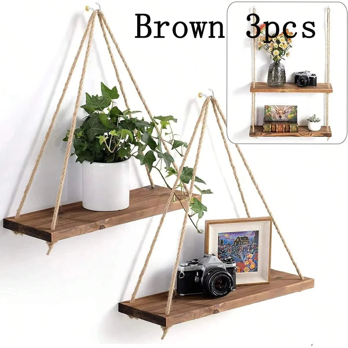 Wooden Swing Wall Shelf with Hemp Rope