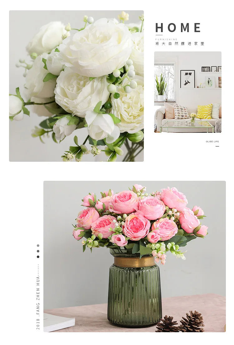 Silk Rose Pink Peony Bouquet, 30cm, 5 Big Heads & 4 Buds