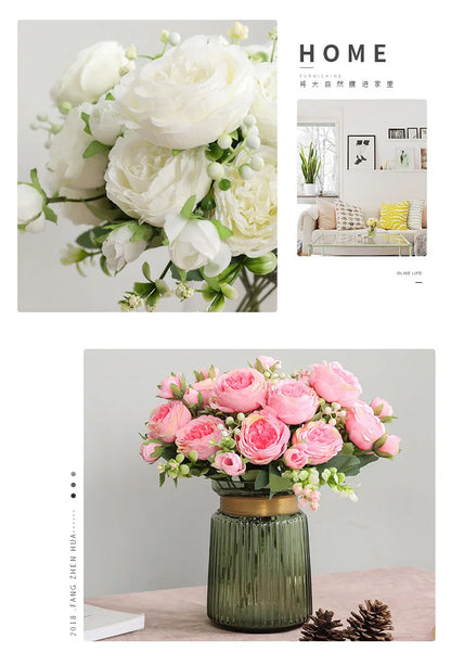 Silk Rose Pink Peony Bouquet, 30cm, 5 Big Heads & 4 Buds