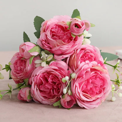Silk Rose Pink Peony Bouquet, 30cm, 5 Big Heads & 4 Buds