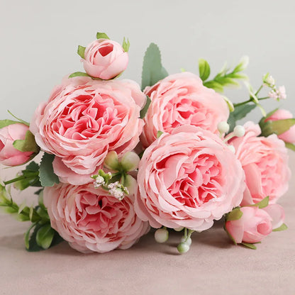Silk Rose Pink Peony Bouquet, 30cm, 5 Big Heads & 4 Buds