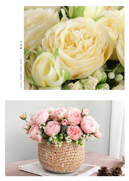 Silk Rose Pink Peony Bouquet, 30cm, 5 Big Heads & 4 Buds