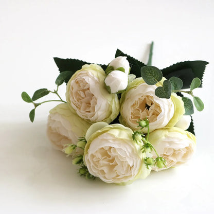 Silk Rose Pink Peony Bouquet, 30cm, 5 Big Heads & 4 Buds