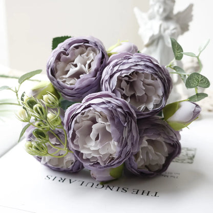 Silk Rose Pink Peony Bouquet, 30cm, 5 Big Heads & 4 Buds