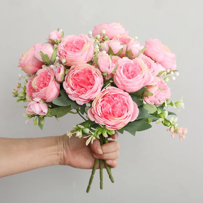Silk Rose Pink Peony Bouquet, 30cm, 5 Big Heads & 4 Buds