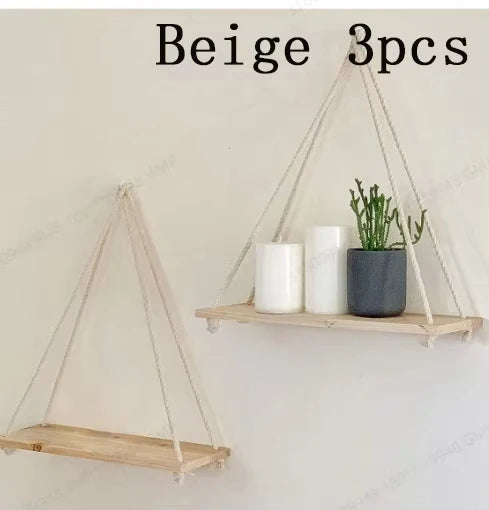 Wooden Swing Wall Shelf with Hemp Rope