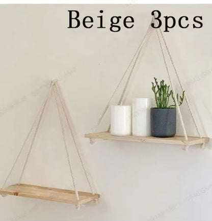 Wooden Swing Wall Shelf with Hemp Rope