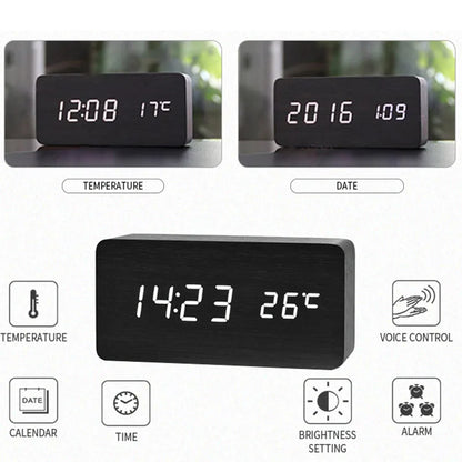Wooden LED Alarm Clock with Temperature Display