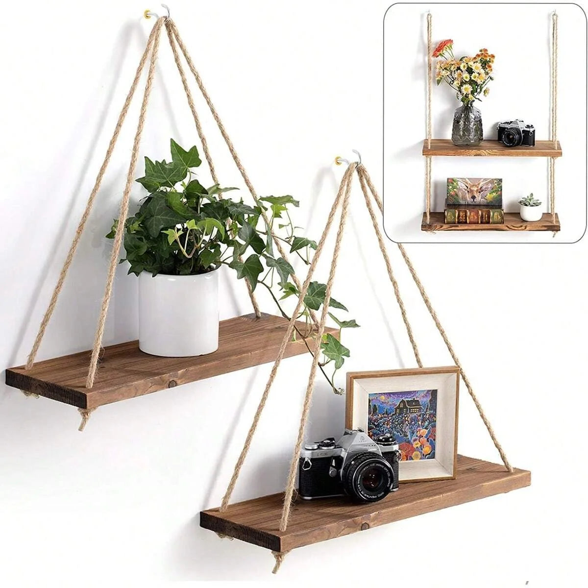 Wooden Swing Wall Shelf with Hemp Rope