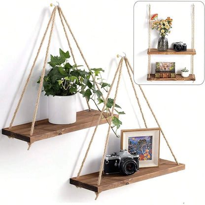 Wooden Swing Wall Shelf with Hemp Rope