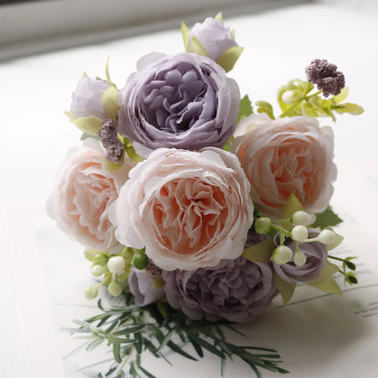 Silk Rose Pink Peony Bouquet, 30cm, 5 Big Heads & 4 Buds