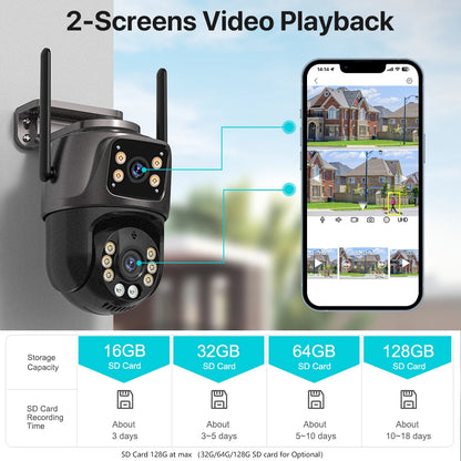 4K 8MP HD Wifi PTZ Camera Outdoor (4MP Dual Lens Dual Screen AI Auto Tracking IP Camera CCTV Audio Video Surveillance)
