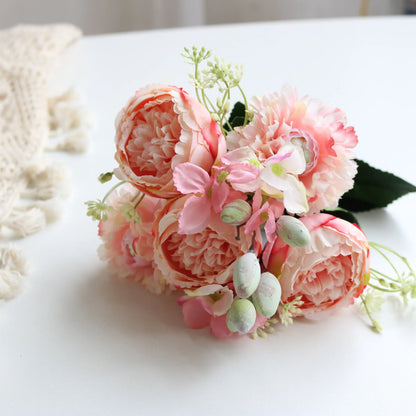 Silk Rose Pink Peony Bouquet, 30cm, 5 Big Heads & 4 Buds